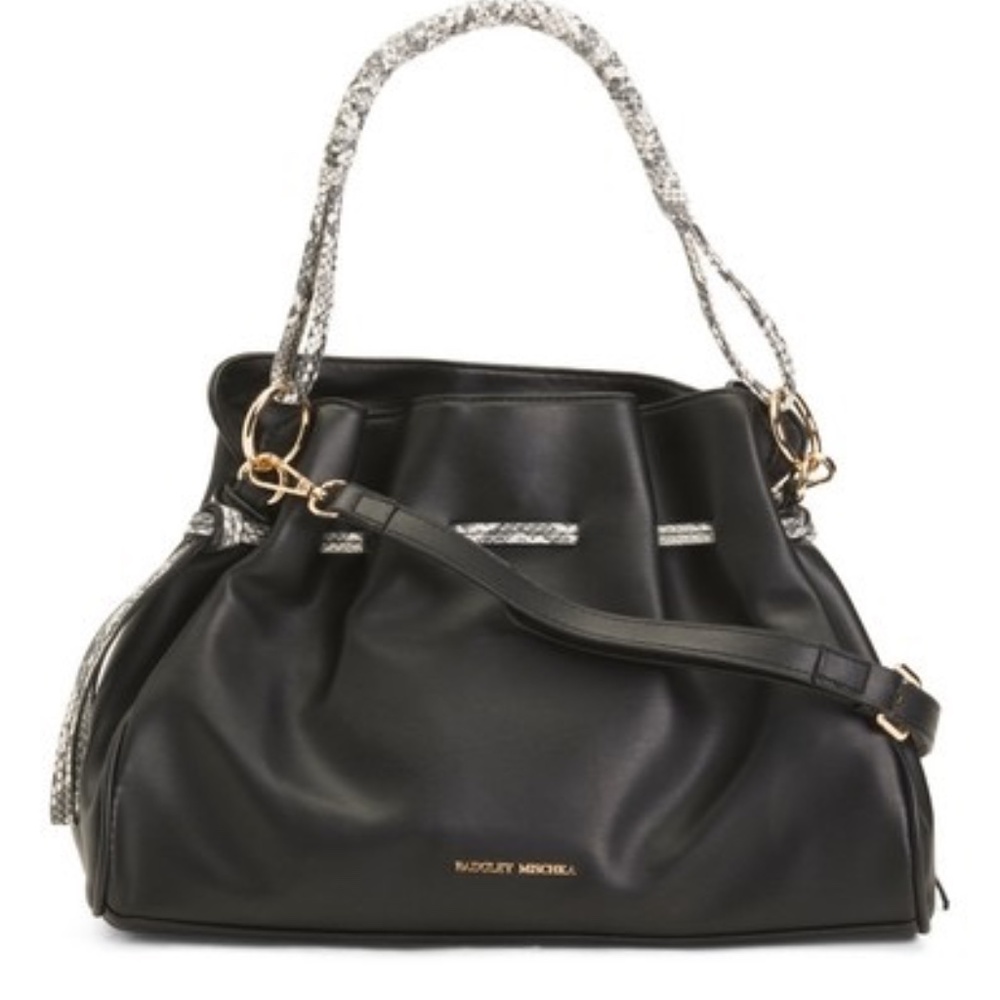 BADGLEY MISCHKA Vegan Drawstring Purse Snake Trim Crossbody New Black - Picture 12 of 13